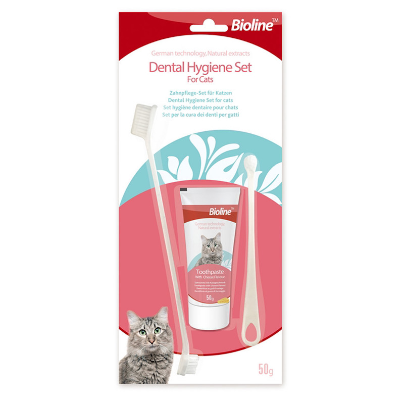 ست مسواک و خمیر دندان گربه بایولاین مدل dental hygiene set -cheese flavor وزن 50 گرم